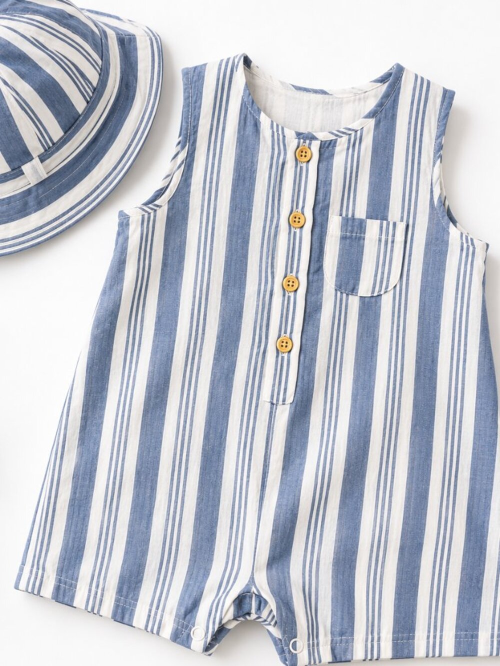 NWT Baby Essentials Gauze Romper & Sun Hat Set 18M Blue Stripe Toddler Boy